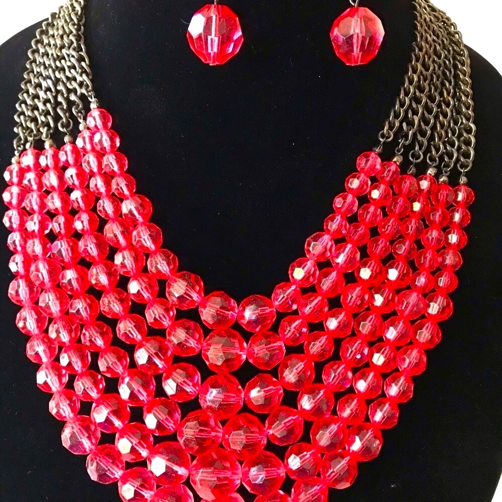 Pink and Gun-Metal Multi-Strand Beaded Necklace with Matching Earrings.